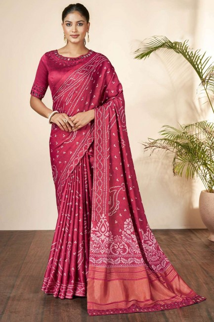 hand,mirror,printed sari in pink silk