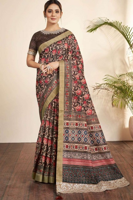 sari en soie brune bhagalpuri avec pierre, imprimé
