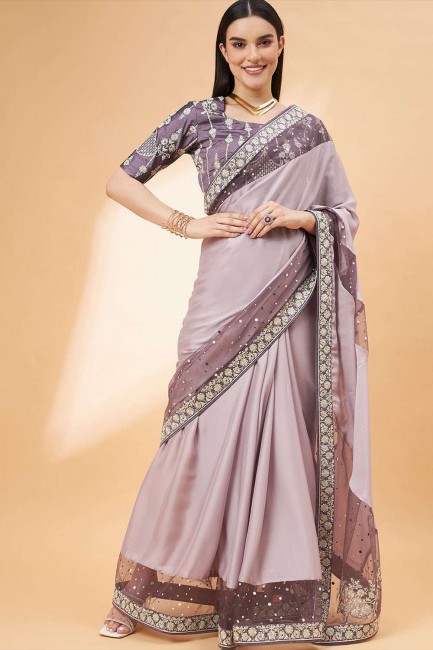 silk embroidered mauve  sari with blouse