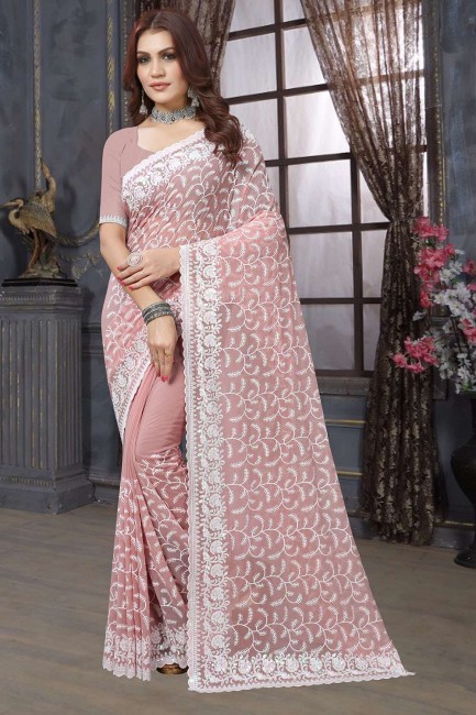 dusty peach sari in embroidered georgette
