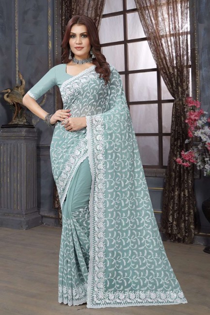 c green embroidered sari in georgette