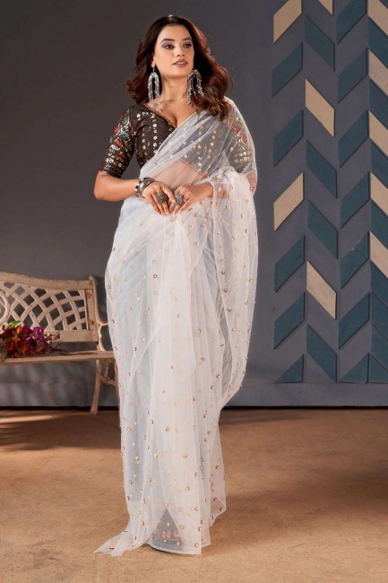 sari en filet blanc avec paillettes