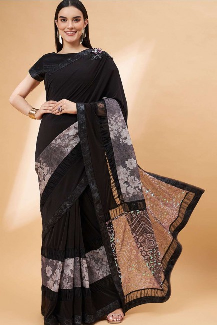main, paillettes, sari en lycra brodé en noir