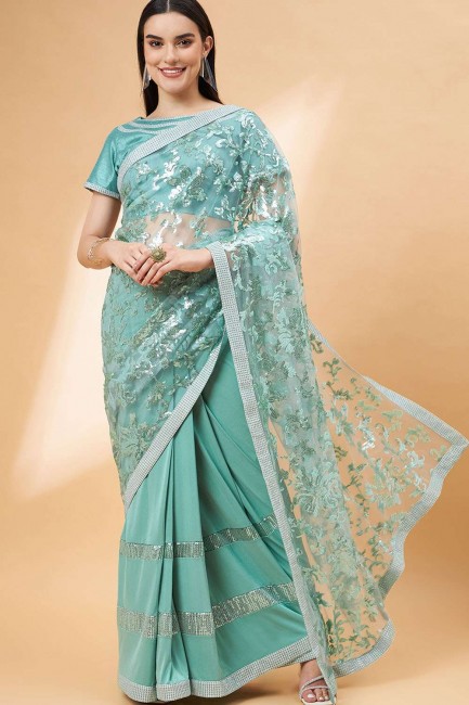 aqua green hand,sequins,embroidered sari in lycra