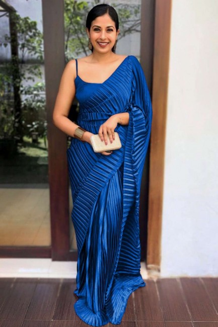 plain satin sari in royal blue