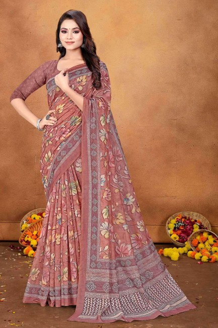 digital print sari in dusty rose  chanderi