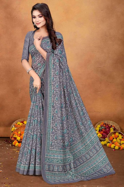 chanderi grey sari in digital print
