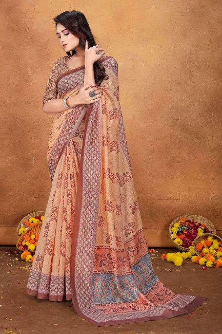 chanderi digital print orange sari with blouse