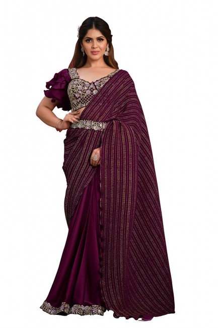 magenta  crepe sari with stone,sequins,thread