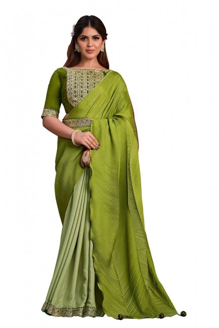 stone,sequins,thread crepe green sari with blouse