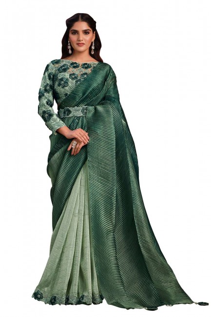 Pierre, paillettes, fil banarasi soie sari en vert d’eau avec chemisier