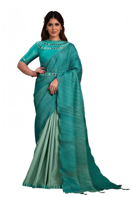 aqua blue  thread,mirror georgette sari