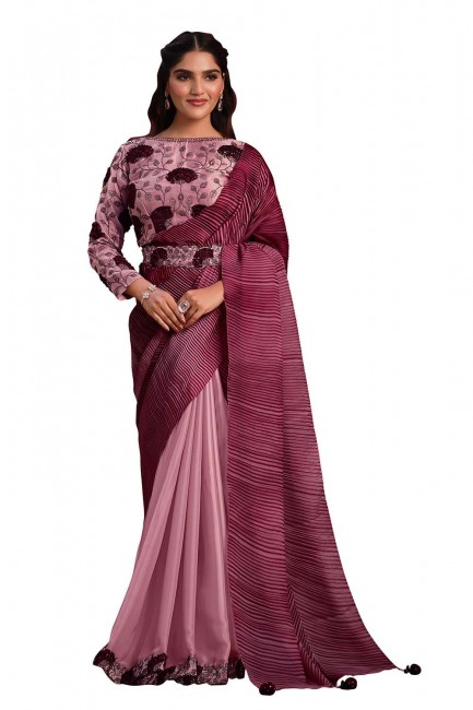 sari in peach georgette with thread,mirror