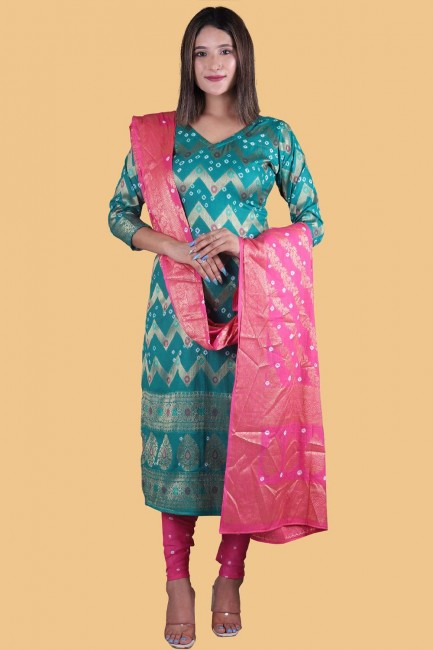 salwar kameez tissage turquoise en coton