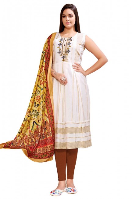 robe kurti brodée en lin blanc avec dupatta