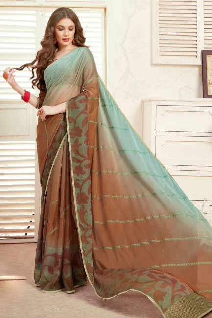 multi sari avec main, mousseline brodée