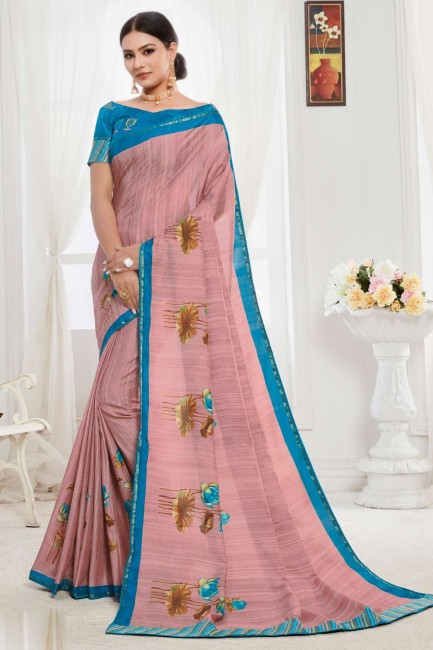 sari en soie tussar avec fil, broderie, impression numérique en rose