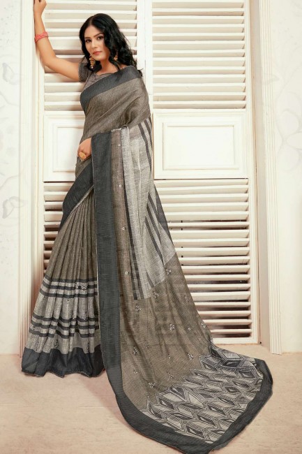 Saris de soie tussar gris avec fil, impression numérique