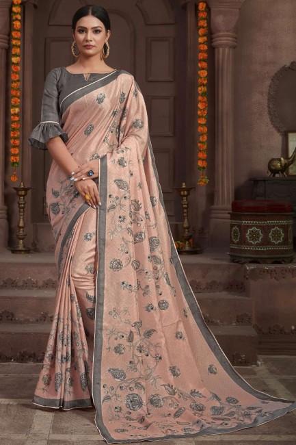sari en soie tussar multicolore avec imprimé numérique brodé