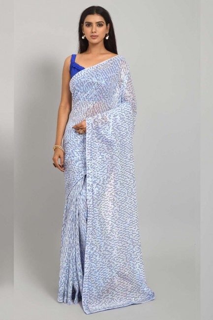 Georgette brodé bleu Party Wear Saris avec chemisier