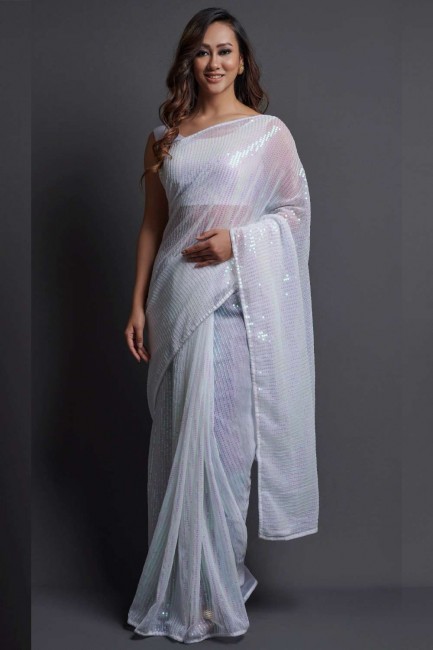 sari blanc avec georgette brodée