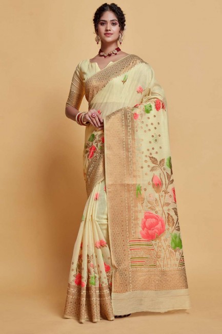 tissage de soie sari beige avec chemisier