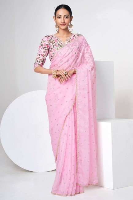 sari en organza rose avec zari,fil