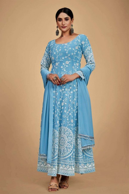 Costume pakistanais en georgette bleu ciel avec fil