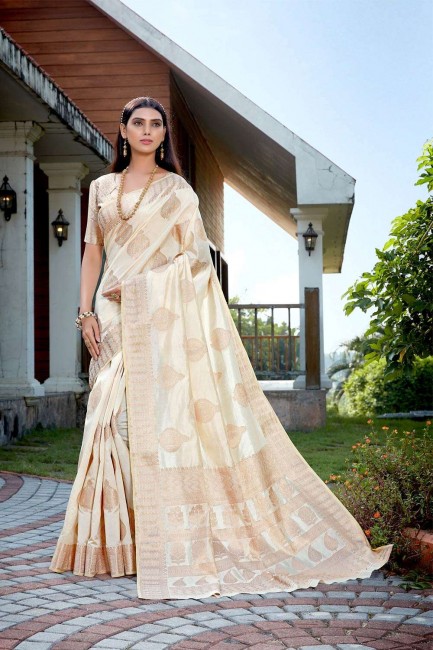 tissage de sari de soie brute en blanc cassé avec chemisier