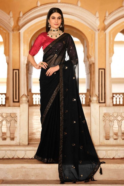 sari noir en mousseline chinon avec fil