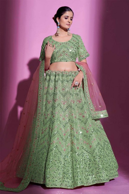 mariage en soie lehenga choli avec miroir en vert pista