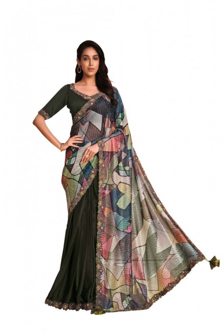 sari en soie à imprimé numérique brodé vert avec chemisier