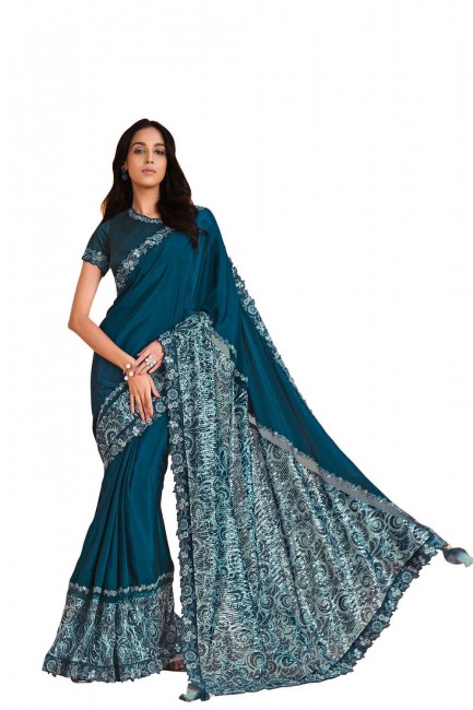 sari brodé à imprimé numérique en soie bleu sarcelle