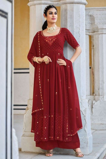 Costume Anarkali rouge en georgette brodé