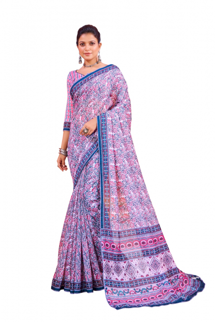 sari en soie à imprimé numérique multicolore avec chemisier