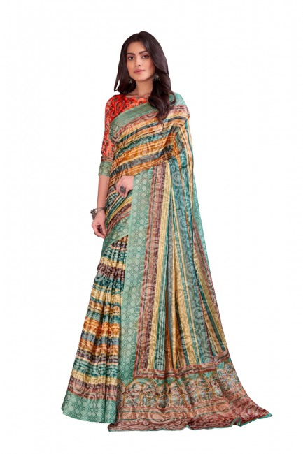 sari imprimé numérique multicolore en soie Chanderi
