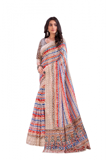 chanderi sari en soie multicolore avec impression numérique