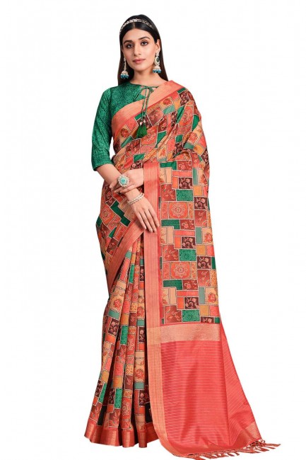 sari en soie tussar orange avec broderies, imprimés