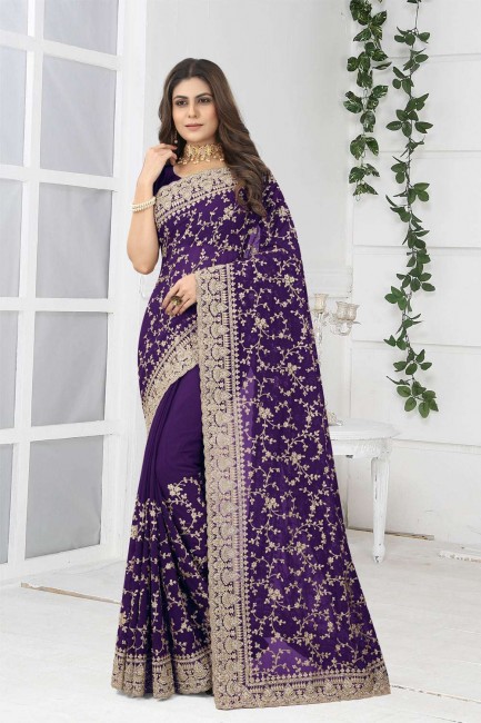 georgette party wear sari en violet avec broderie