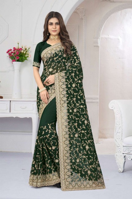 georgette green party wear sari brodé