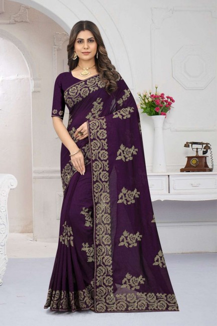 sari violet brodé de soie avec chemisier