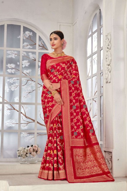 banarasi sari en soie banarasi rouge avec tissage