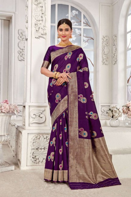 saree banarasi en soie banarasi avec tissage en violet