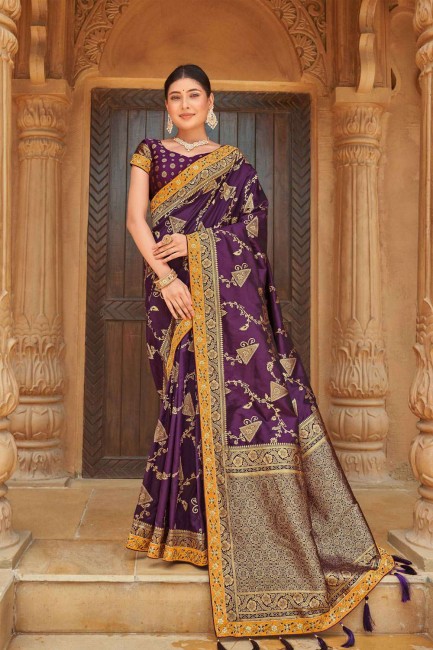 Banarasi Tissage de soie Violet Banarasi Saris avec chemisier