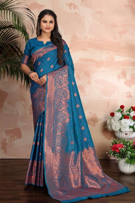 bleu ciel tissage banarasi soie banarasi sari