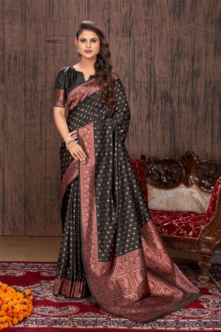 sari banarasi en soie banarasi noir avec tissage