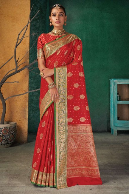 sari du sud de l'inde en soie rouge avec tissage
