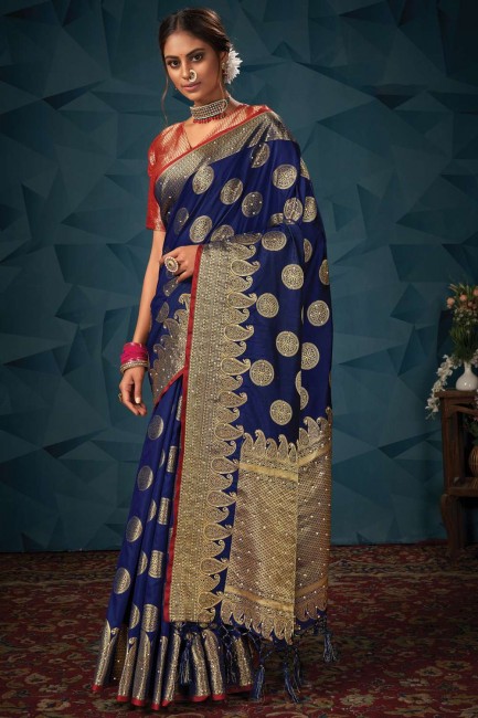 sari bleu en soie imprimé