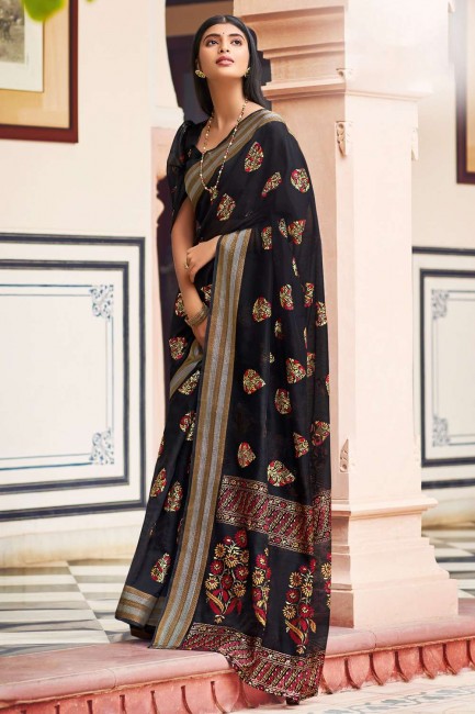 sari imprimé en chanderi noir