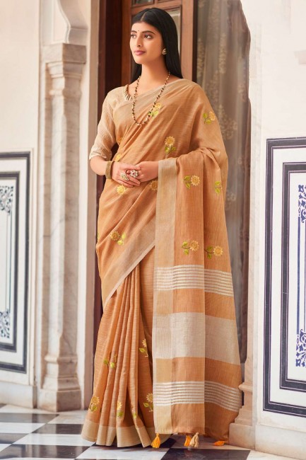 lin brodé orange sari avec chemisier